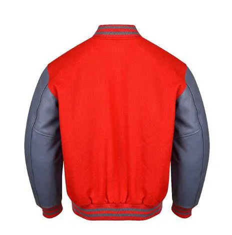 Spine Spark Red Wool Varsity Jacket Grey Leather Sleeves